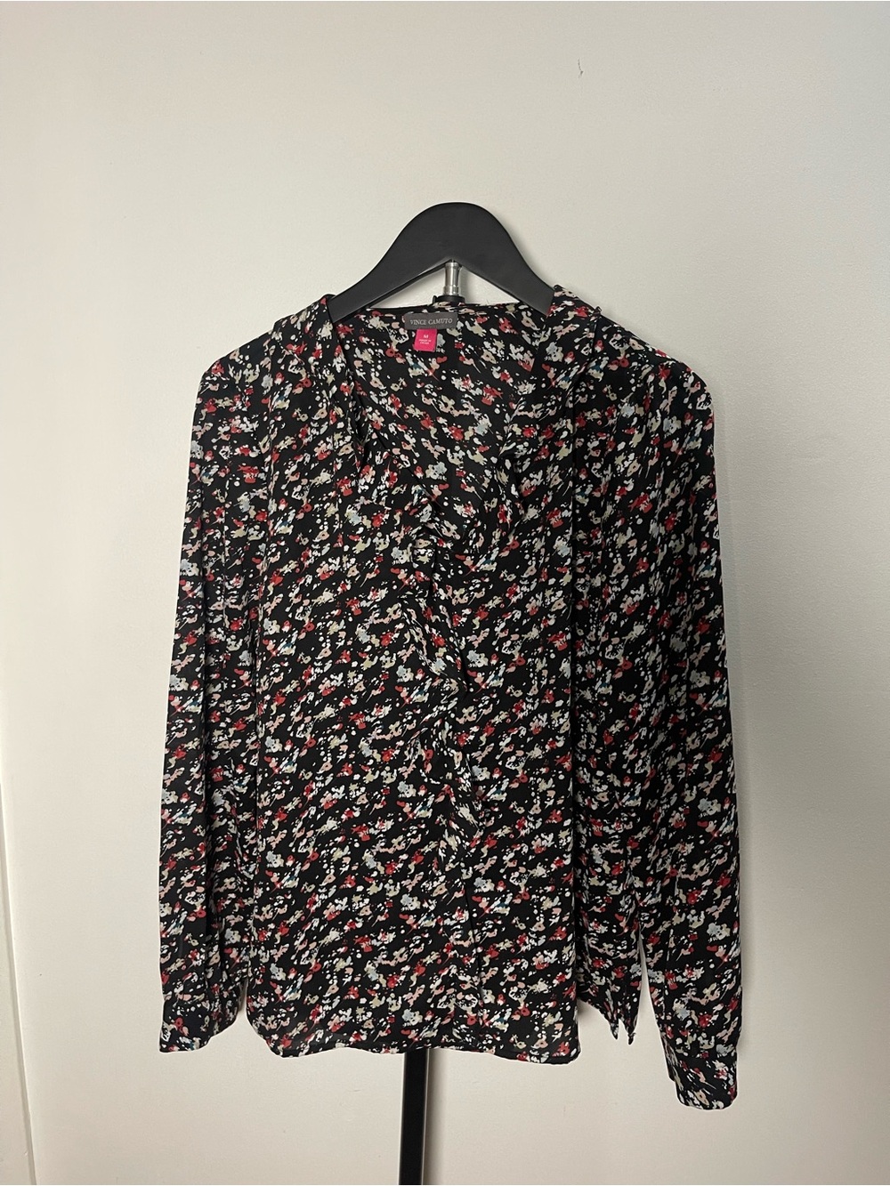 Vince Camuto Black Floral Button-Up Blouse with Red and White Accents